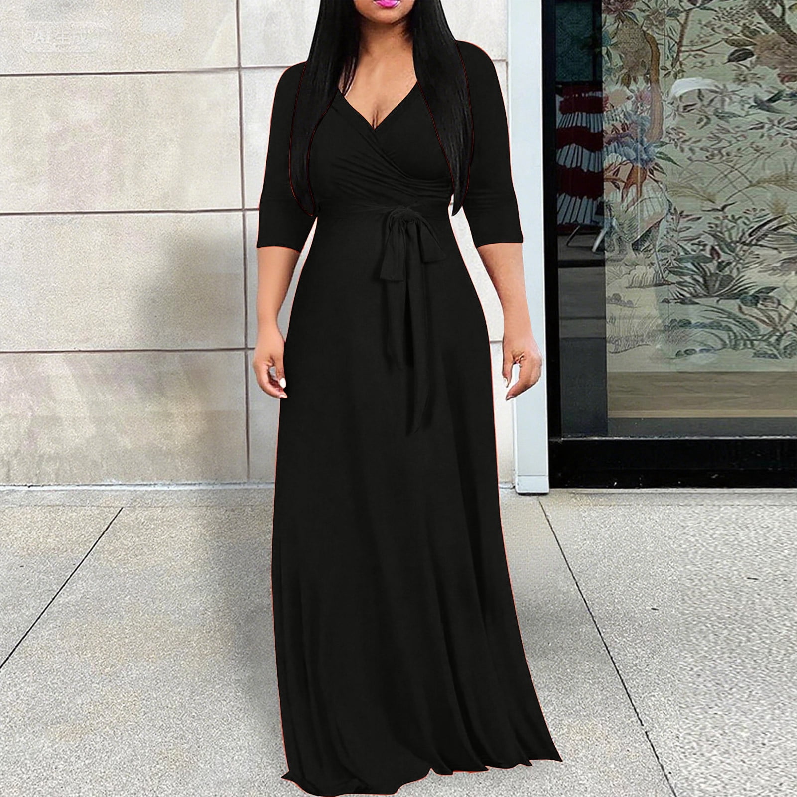 black wedding guest dresses plus size Qulqfy Black Wedding Guest Dresses for Women Fall Maxi 3/4 Sleeve V Neck Empire Waist Plus Size A Line Flowy Dresses Dress for Women 3XL