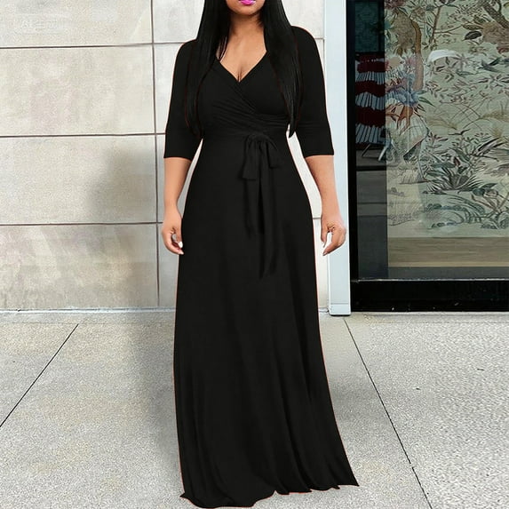Qulqfy Black Wedding Guest Dresses for Women Fall Maxi 3/4 Sleeve V Neck Empire Waist Plus Size A Line Flowy Dresses Dress for Women 3XL