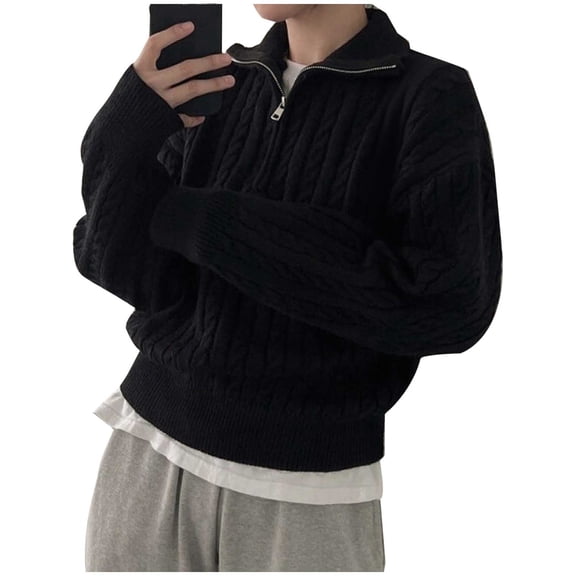 Qulqfy Black Women's Sweaters Cable Knit Wool Pullover Long Sleeve Casual Half Zip Tops Winter Sweaters for Women M