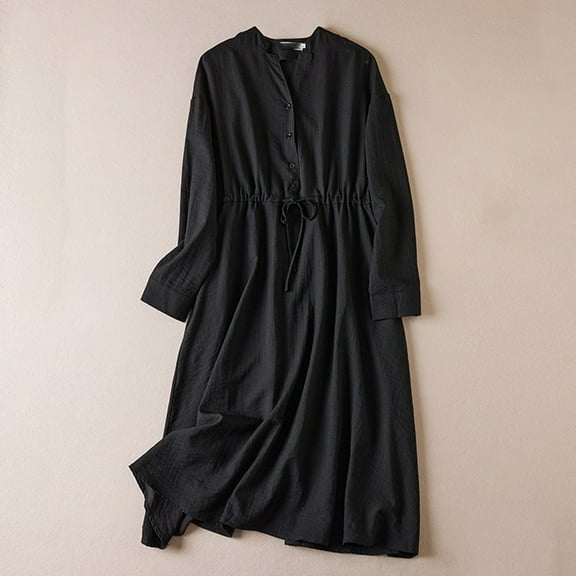 Qulqfy Black Womens Dresses Long Sleeve Midi Casual V Neck Elastic Waist Lounge Button Dresses Womens Dresses Fall L