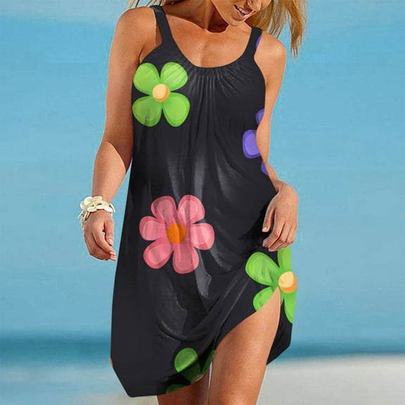 Qulqfy Black Womens Dresses Mini Beach Vacation Sundress V Neck Floral Casual Smocked Dresses Ladies Dresses L