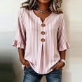 thumbnail image 1 of Qulqfy Blouses for Women Striped Fall 3/4 Sleeve Casual Pink Henley V-Neck Dressy Button Up Ruffle Womens Tops L, 1 of 5