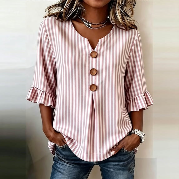 Qulqfy Blouses for Women Striped Fall 3/4 Sleeve Casual Pink Henley V-Neck Dressy Button Up Ruffle Womens Tops L