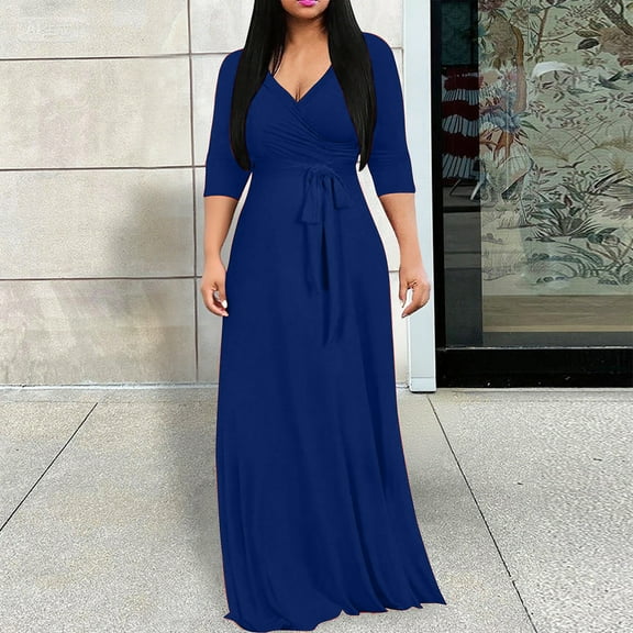 Qulqfy Blue Fall Wedding Guest Dresses for Women Maxi 3/4 Sleeve Plus Size Empire Waist V Neck Flowy A Line Dresses Dress for Women S