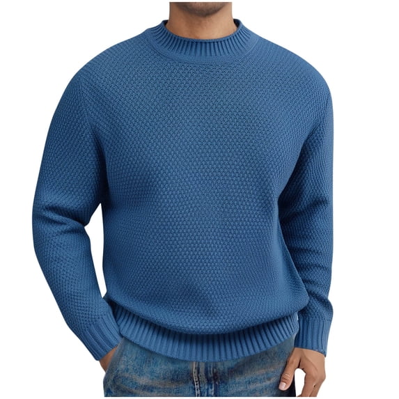 Qulqfy Blue Sweaters for Men Winter Long Sleeve Business Crew Neck Fall Waffle Knit Pullover Casual Sweaters Mens Undershirts L