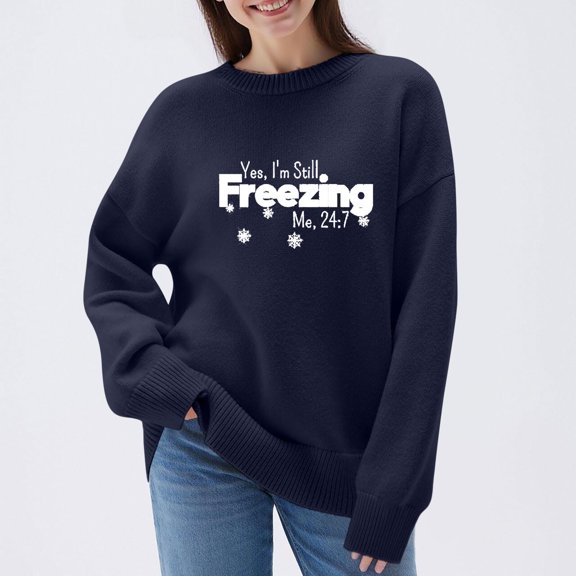 Qulqfy Blue Sweaters for Women Tunic Cozy Pullover Oversized Sweater Dressy Casual Knit Graphic Long Sleeve Crew Neck Shirts Tops for Women