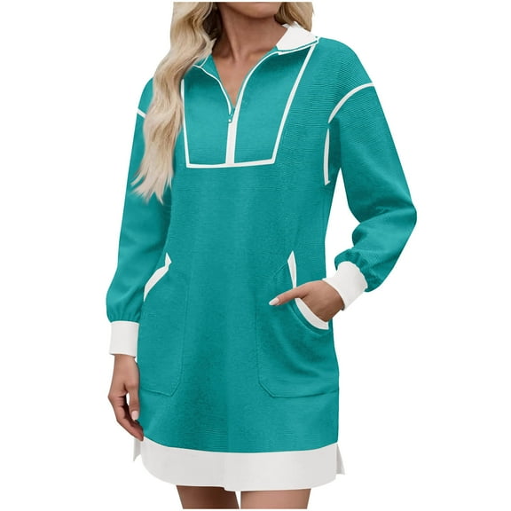 Qulqfy Blue Women Dress Mini Long Sleeve Corduroy Casual Workout V Neck Plus Size Zipper Dresses with Pockets Fall Dresses for Women 3XL