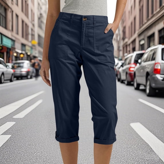 Qulqfy Blue Women's Baggy Capri Cargo Stretchy Petite Solid Color High Waisted Pants Girls Pants L