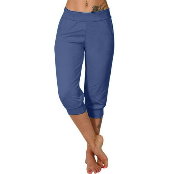 Qulqfy Blue Women's Capri Casual Solid Workout High Waisted Yoga Petite Pants Girl Pants L