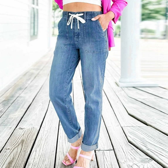 Qulqfy Blue Women's Jeans Denim Straight Leg Casual Stretchy with Pocket High Waisted Jeans Scrubs for Women Pants XL