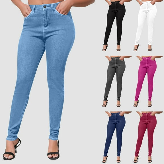 Qulqfy Blue Women's Jeans Skinny Petite Stretchy High Waisted Denim Casual Jeans Sweatpants for Women XXL