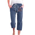 thumbnail image 1 of Qulqfy Blue Women's Pants 2025 Capri Cotton Linen Casual Baggy Drawstring High Waisted Pants Girl Pants L, 1 of 3