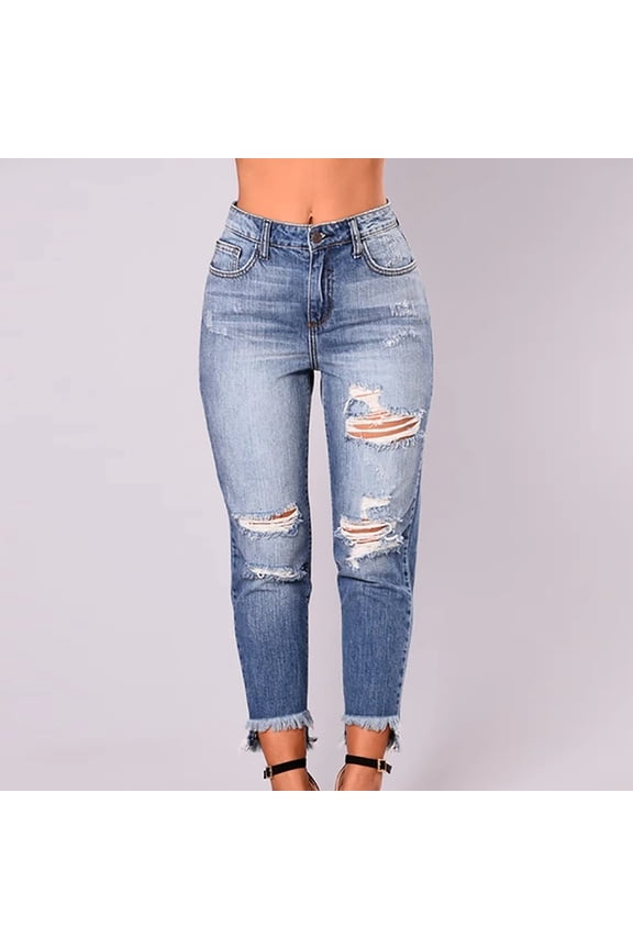 Blue Women's Ripped 7/8 Length Barrel Leg High Waisted Petite Casual Jeans Fashion Trousers for Ladies XL