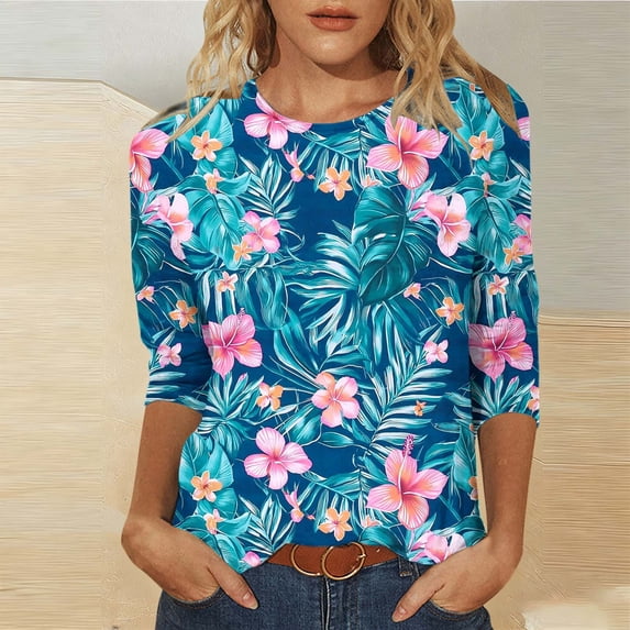 Qulqfy Boho Summer Shirts Casual 3/4 Length Sleeve Hawaiian Floral Tropical Crew Neck Mint Green Vacation Beach Loose Comfy Summer Tops for Women 2026 L