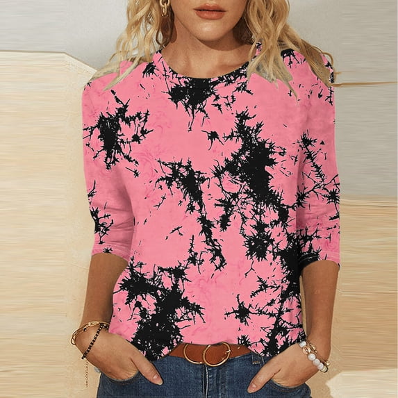 Qulqfy Boho Tops for Women Cotton 3/4 Sleeve Plus Size Fall Tie Dye Raglan Casual Pink Scoop Neck Dressy Shirts M