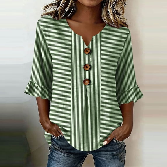 Qulqfy Boho Tops for Women Cotton Striped Tunic 3/4 Sleeve Fall Ruffle Casual Henley V-Neck Green Button Down Shirts 2XL