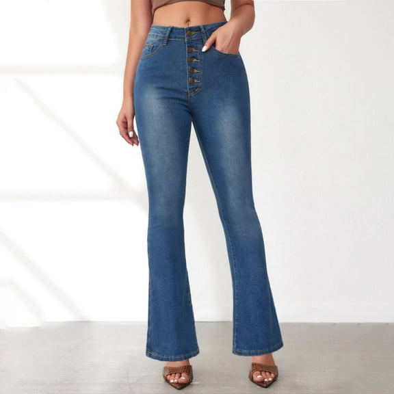 Qulqfy Bootcut Women's Jeans 2025 Blue Flare Jeans Cotton Slim Fit Casual Jeans Pants for Teen Girls Womens S