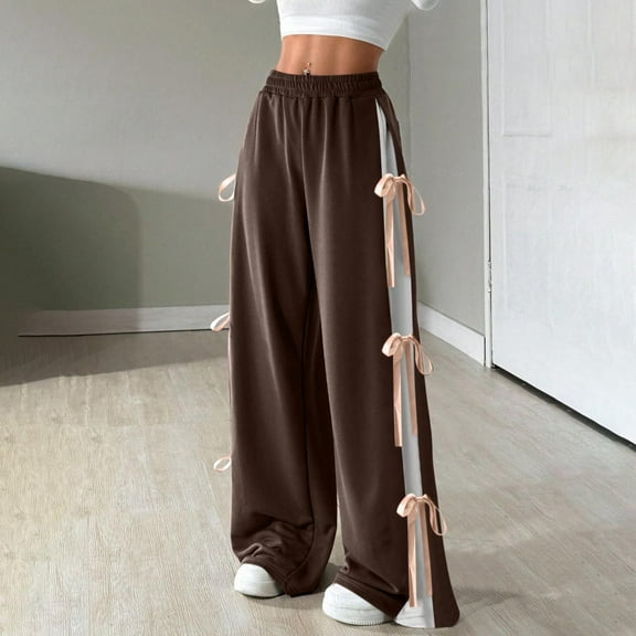 Qulqfy Bow-Tie Women pants Wide Leg Bronze Baggy High Waisted Casual Solid Color Pants Ladies Sweatpants L