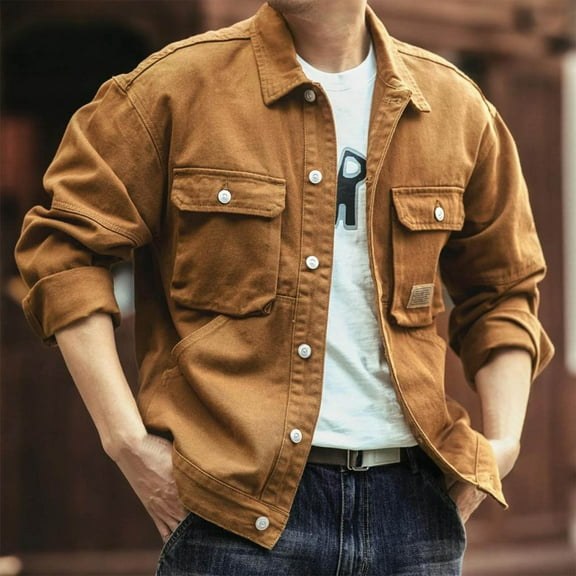 Qulqfy Brown Jean Jacket for Men Long Sleeve Collared Trucker Regular Fit Classic Button Down Jackets Coats for Men L