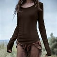 thumbnail image 1 of Qulqfy Brown Long Sleeve Shirt Women Going Out Tight Blouses Crew Neck Plain Stretchy Shirts for Women, 1 of 6