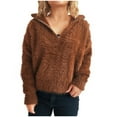 thumbnail image 1 of Qulqfy Brown Womans Sweaters Slouchy Crew Neck Long Sleeve Solid Quarter Zip Fuzzy Shirts Womens Lightweight Sweaters S, 1 of 5