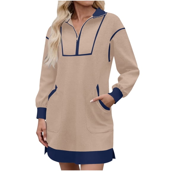 Qulqfy Brown Womens Dress Corduroy Long Sleeve Casual Mini Workout Plus Size Zipper V Neck Dresses with Pockets Fall Womens Dresses 3XL