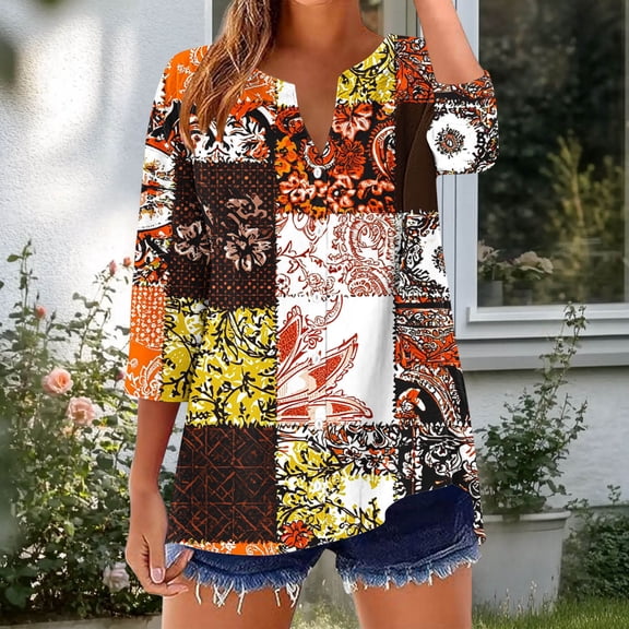 Qulqfy Button Down Shirts for Women Tunic 3/4 Length Sleeve Cotton Linen Boho Tops V Neck Fall Going Out Shirts Womens Blouses S