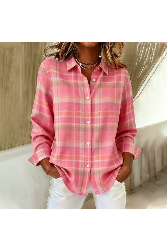 Button Up Shirt for Women Pink Casual Long Sleeve Plaid Shirts Collared Checkered Shirts Women's Tops