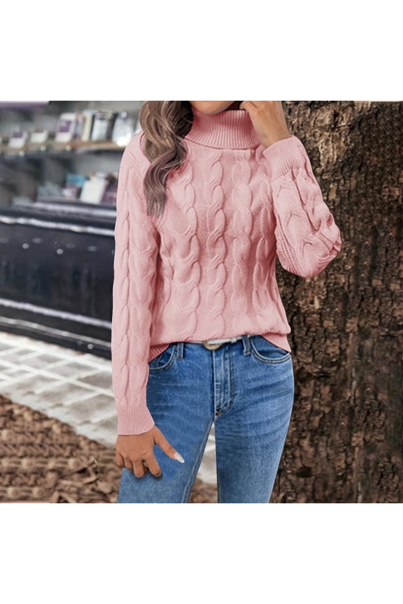 Cable Knit Long Sleeve Shirt for Women Turtleneck Pink Casual Sweater Fall Winter Plain Shirts for Women