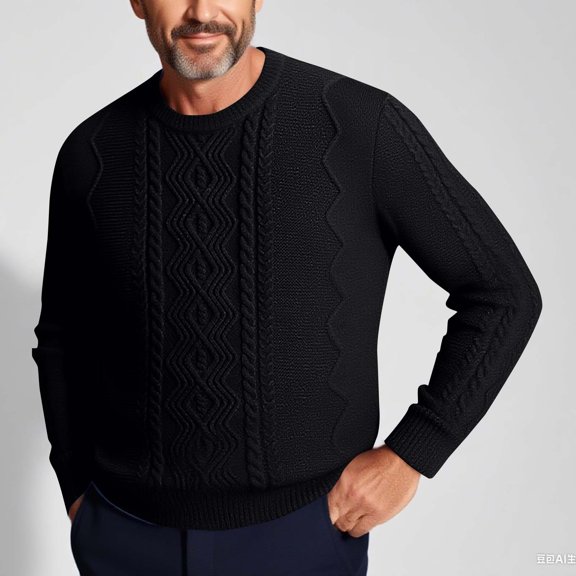 Qulqfy Cable Knit Mens Sweater Black Solid Color Pullover Stretchy Long Sleeve Fall Textured Crew Neck Winter Sweater Mens Shirts M