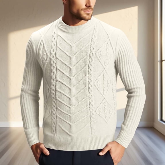 Qulqfy Cable Knit Mens Sweater White Classic Pure Basic Long Sleeve Crew Neck Fall Winter Textured Sweater Mens Shirts L