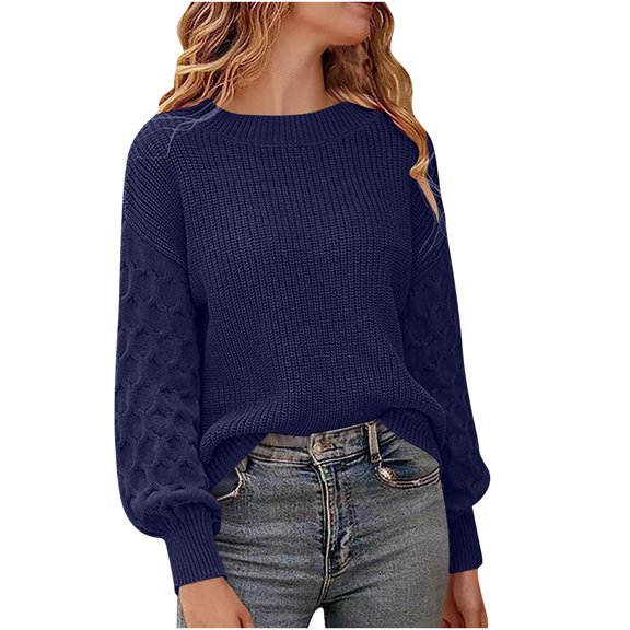 Qulqfy Cable Knit Sweaters for Women Blue Pullover Cozy Sweater Knit Long Sleeve Crew Neck Soft Shirts Tops for Women