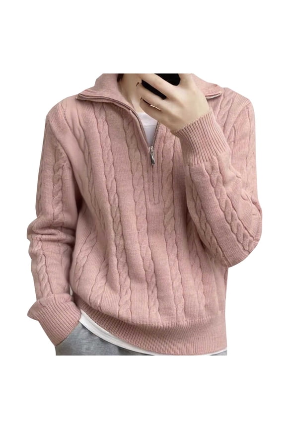 Cable Knit Woman Sweater Pullover Pink Wool Long Sleeve Half Zip Casual Shirts Fall Sweaters Women M