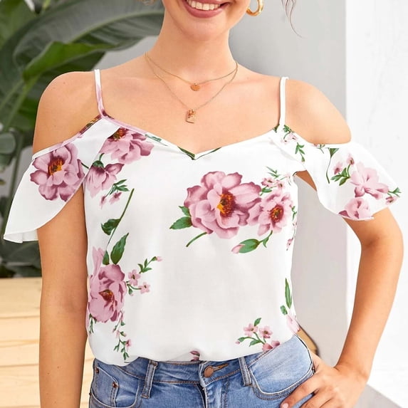 Qulqfy Camisole Women's Tank Tops Floral Print V-Neck Plus Size Sexy Spaghetti Straps White Slim Tops for Women Trendy Summer