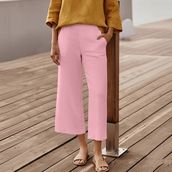 Qulqfy Capri Pants for Women Pink Stretch Baggy Beach Vacation Wide Leg Capris High Waisted Summer Pants Gym Pants Women XXL