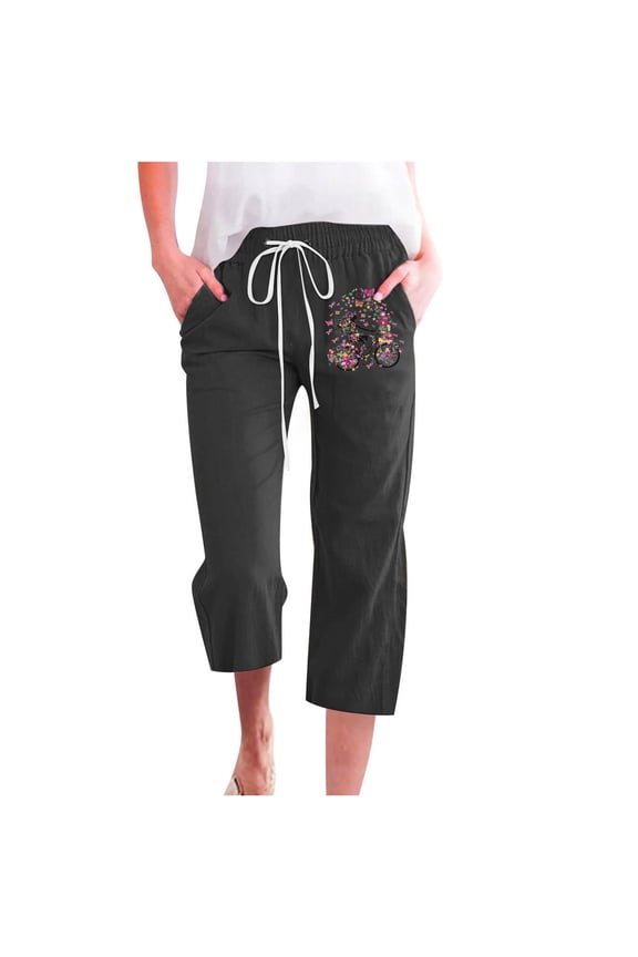Capri Women pants Black Cotton Linen Casual Baggy High Waisted Drawstring Pants Scrub Pants for Women L