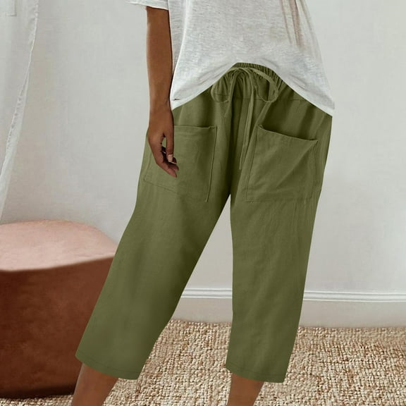 Qulqfy Capri Women's Green Casual Cotton Linen Petite High Waisted Cuffed Pants Teen Pants Girls L