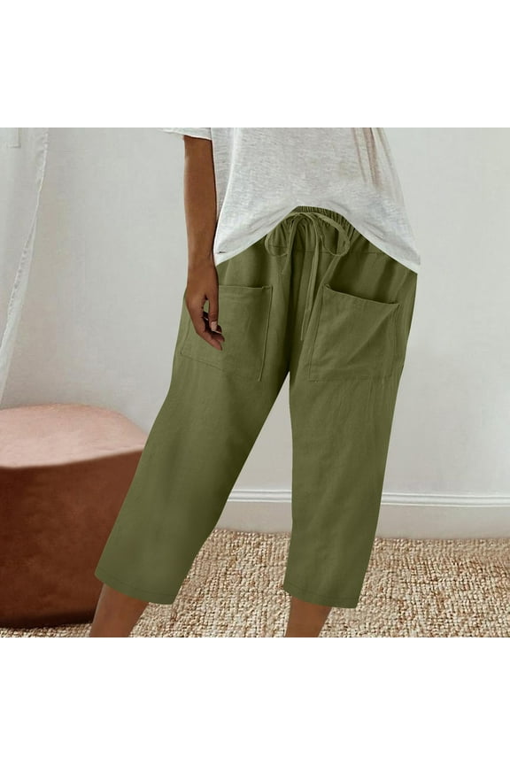 Capri Women's Green Casual Cotton Linen Petite High Waisted Cuffed Pants Teen Pants Girls L