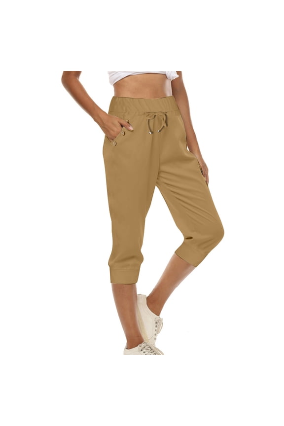 Capri Womens Pants Casual Brown Drawstring Solid High Waisted Petite Pants Trousers for Ladies M
