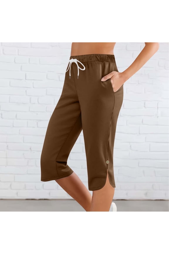 Capris Pants for Women Casual Brown Beach Vacation Stretch Capris Summer High Waisted Pants with Pockets Womens Dress Pants S