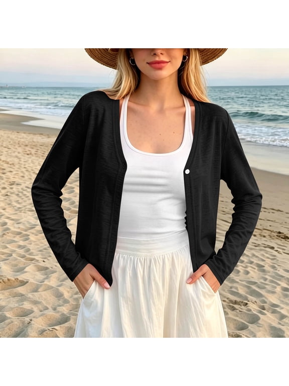Cardigan Sweaters for Women Fall Lightweight Long Sleeve Petite Solid Open Front Black Knitting Button Up V-Neck Outfits M