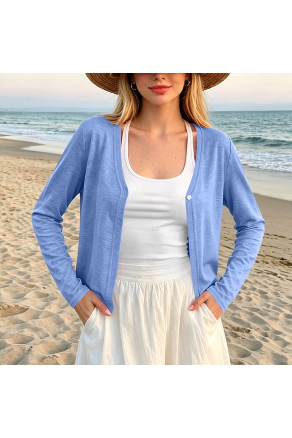 Cardigan Sweaters for Women Fall Lightweight Long Sleeve Petite Solid Open Front Knitting Light Blue Button Up V-Neck Sweater S