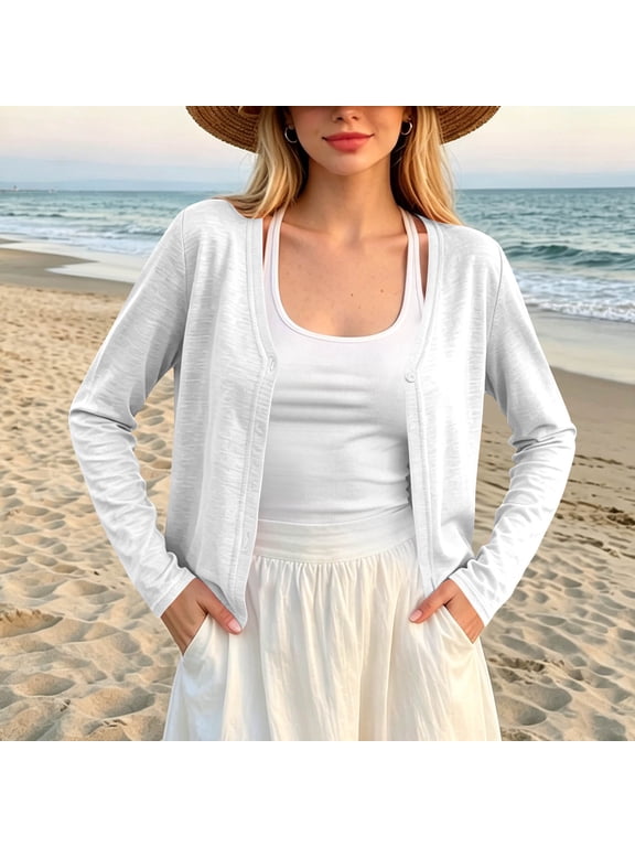 Cardigan Sweaters for Women Solid Lightweight Fall Long Sleeve Petite Open Front White V-Neck Knitting Button Up Outfits L