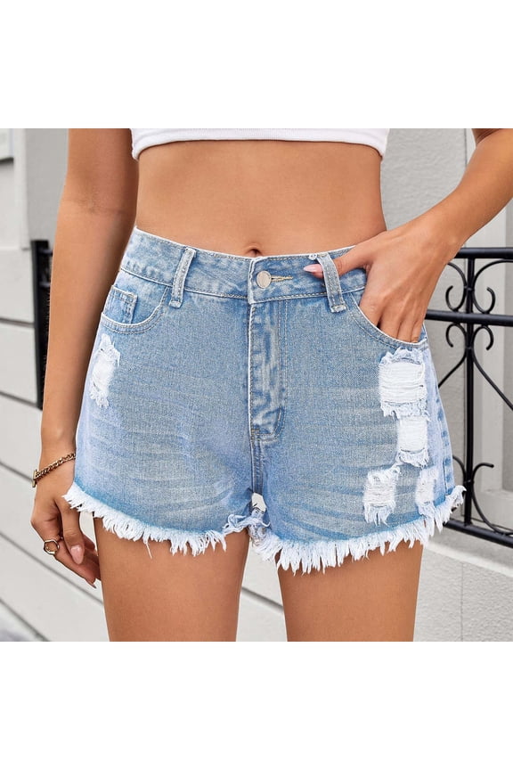 Cargo Denim Shorts Women Stretchy Straight-Leg Low Rise Y2k Outfits Distressed Summer Ripped Mini Raw Hem Womens Jean Shorts Blue