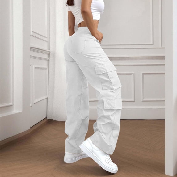 Qulqfy Cargo Hiking Pants for Women Straight Wide Leg High Waisted Baggy Lightweight Drawstring with 4 Pockets White Sweatpants Women