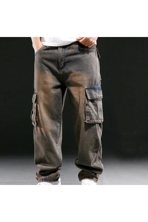 Cargo Pants Men Big and Tall Baggy Denim Brown Jeans Flat Front Wide Leg Stretch Pants Hiking Pants for Men 3XL