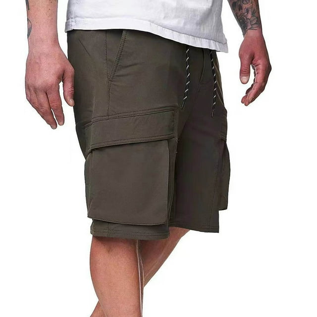 Qulqfy Cargo Shorts Men Cotton Green Summer Shorts Elastic Waist Outdoor Knee Length Shorts with Pockets for Men L