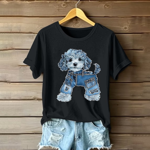 Qulqfy Cartoon Shirts Women Cute Black Dog Print Shirts Graphic Puppy Women's Short Sleeve Tops L