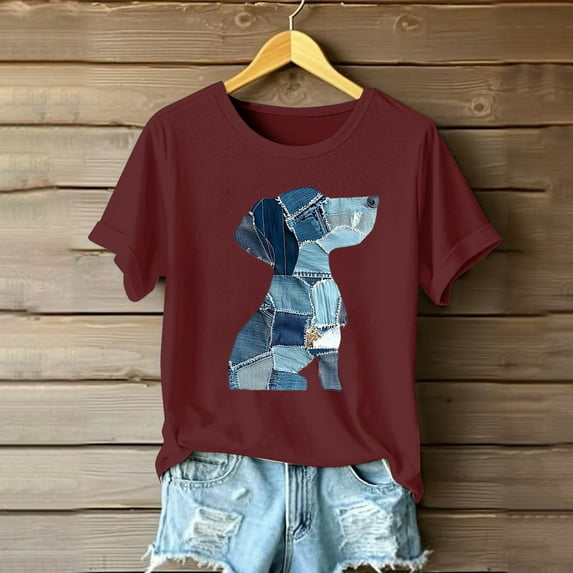Qulqfy Cartoon Shirts Women Puppy Dog Print Cute Shirts Short Sleeve Graphic Red Tops for Women L