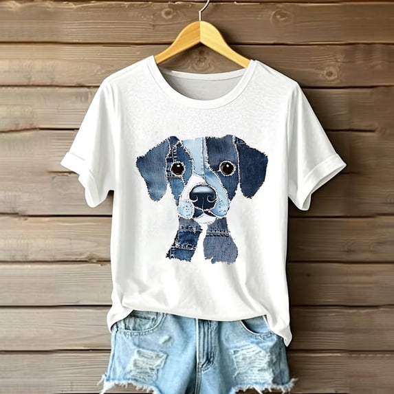 Qulqfy Cartoon Shirts Women Puppy Dog Print Cute White Shirts Graphic Women's Short Sleeve Tops 2XL